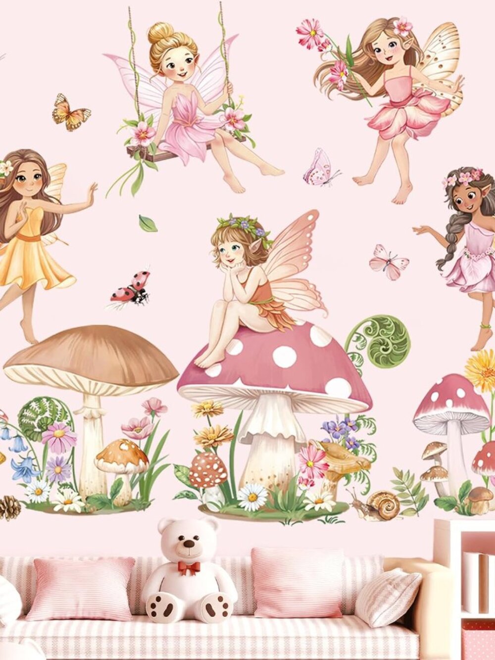 Pink Fairy Mushroom Flower Butterfly Wall Decals Stickers